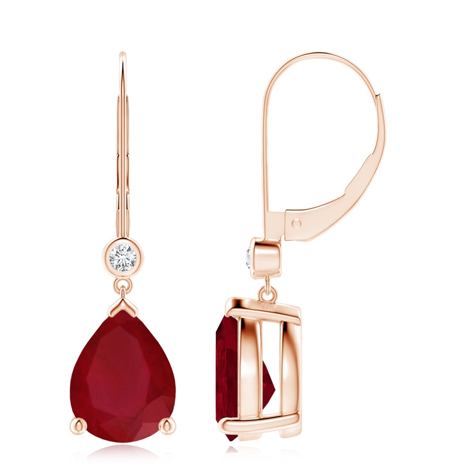 10x8mm AA Pear-Shaped Ruby Leverback Drop Earrings with Diamond in Rose Gold 