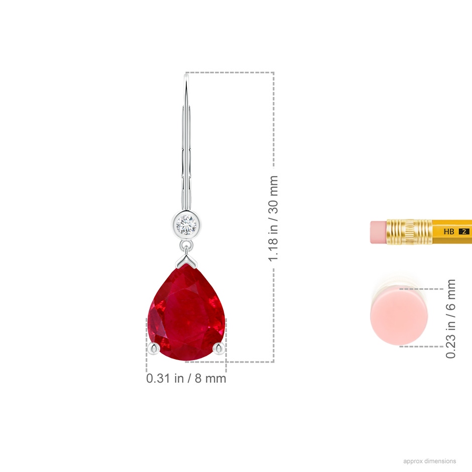 10x8mm AAA Pear-Shaped Ruby Leverback Drop Earrings with Diamond in P950 Platinum ruler