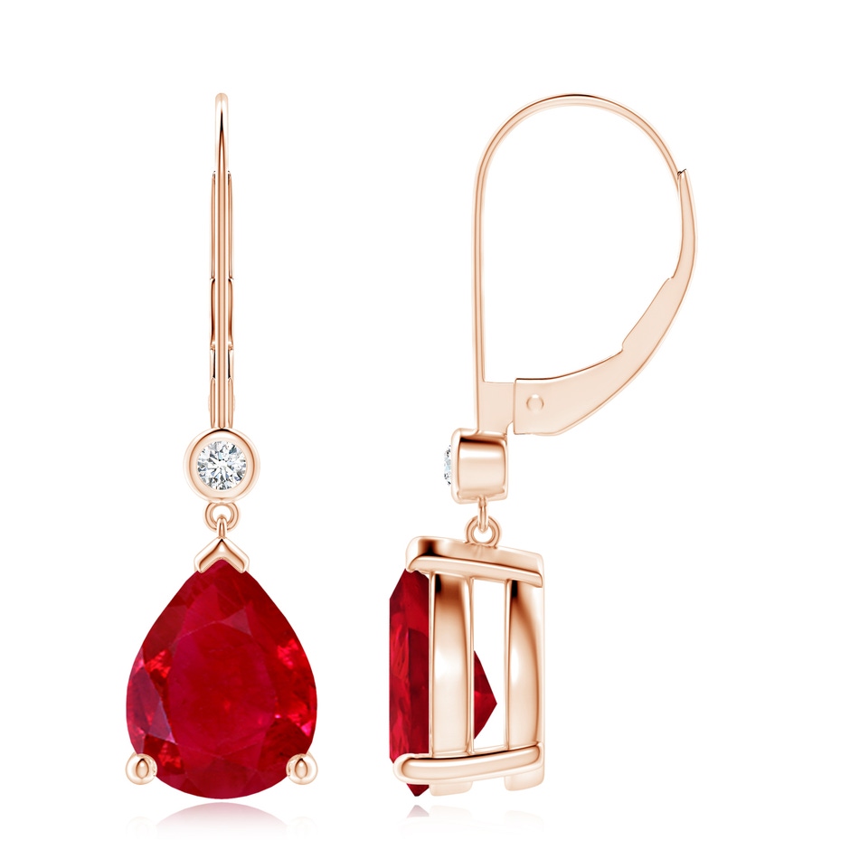 10x8mm AAA Pear-Shaped Ruby Leverback Drop Earrings with Diamond in Rose Gold 