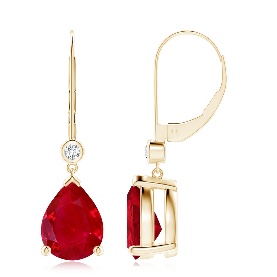10x8mm AAA Pear-Shaped Ruby Leverback Drop Earrings with Diamond in Yellow Gold 