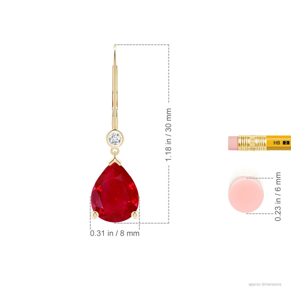 10x8mm AAA Pear-Shaped Ruby Leverback Drop Earrings with Diamond in Yellow Gold ruler
