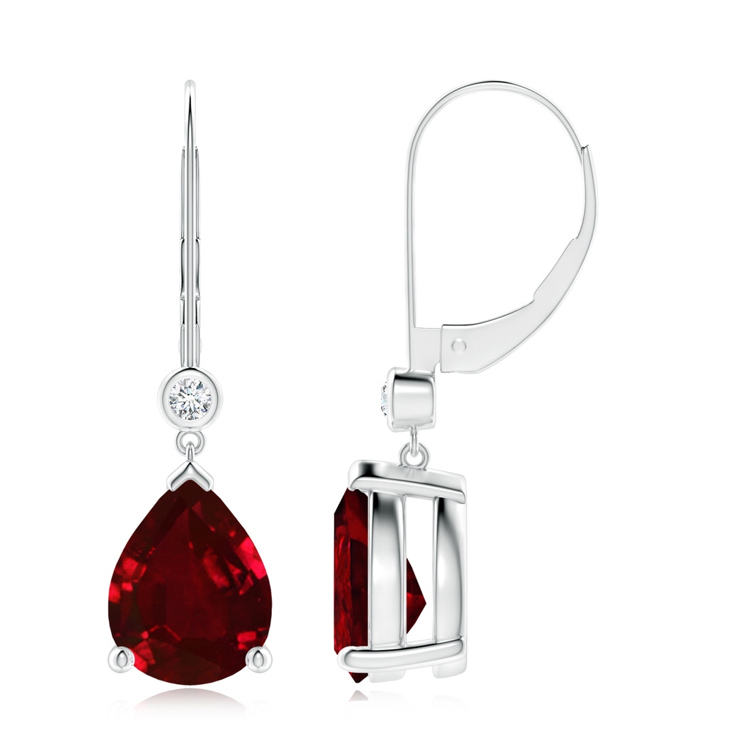 10x8mm AAAA Pear-Shaped Ruby Leverback Drop Earrings with Diamond in White Gold