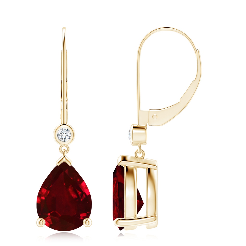 10x8mm AAAA Pear-Shaped Ruby Leverback Drop Earrings with Diamond in Yellow Gold