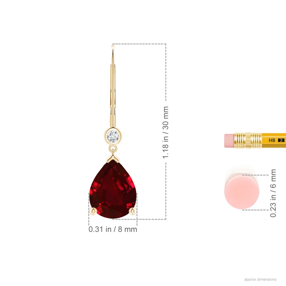 10x8mm AAAA Pear-Shaped Ruby Leverback Drop Earrings with Diamond in Yellow Gold ruler