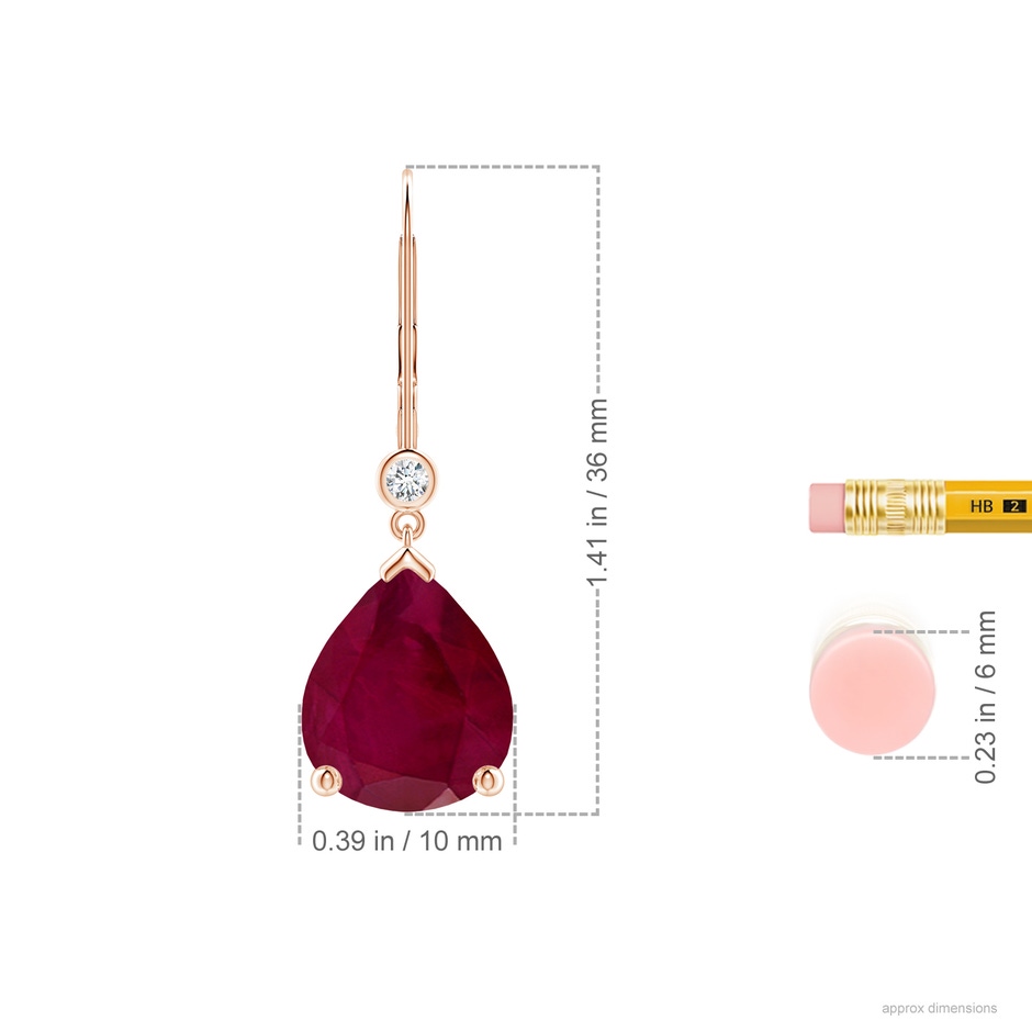 12x10mm A Pear-Shaped Ruby Leverback Drop Earrings with Diamond in Rose Gold ruler