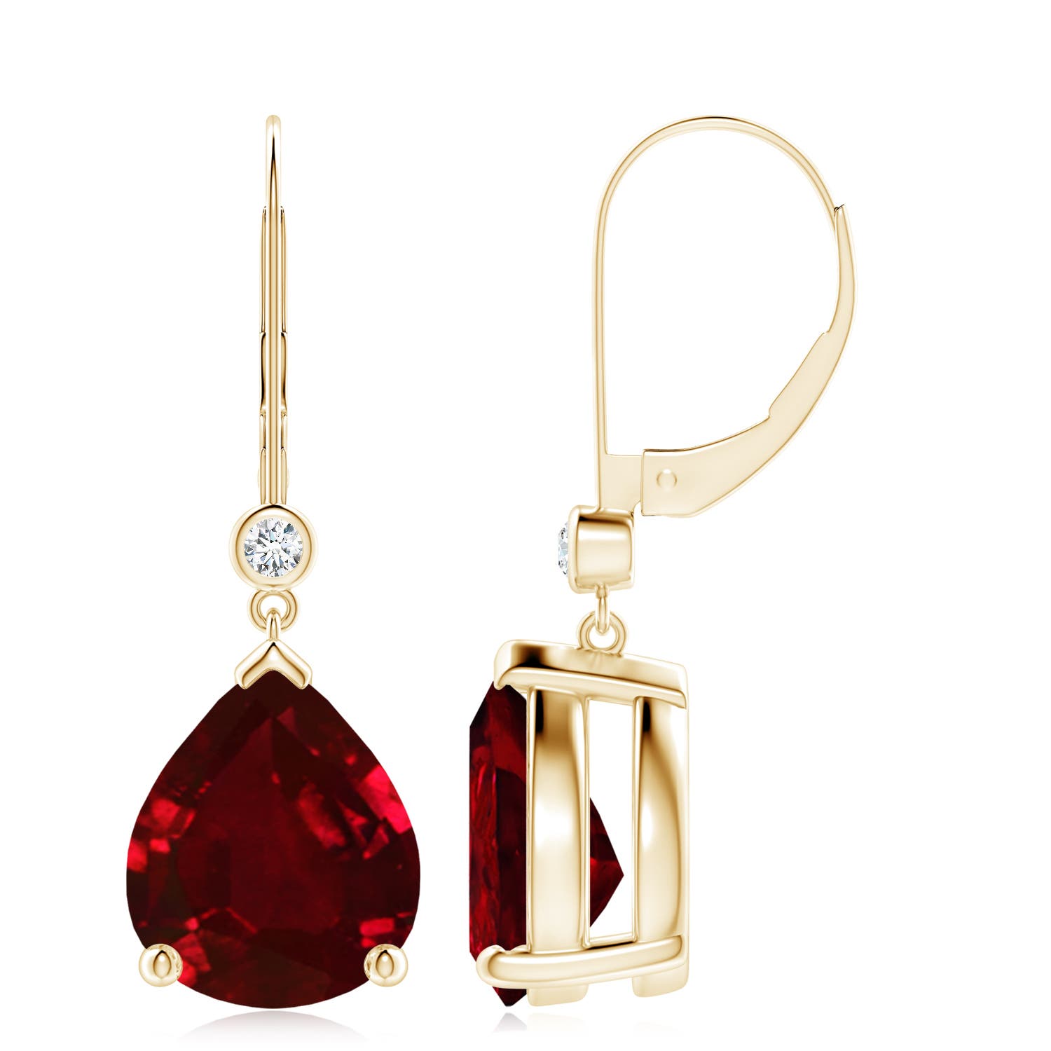 Angara 10.07 CTW Pear-Shaped Ruby Leverback Drop Earrings with Diamond in 18K Yellow Gold