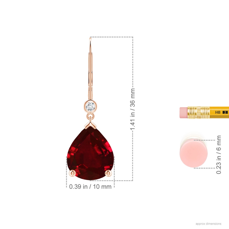 12x10mm AAAA Pear-Shaped Ruby Leverback Drop Earrings with Diamond in Rose Gold ruler