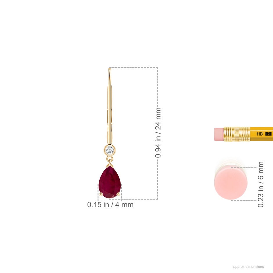 6x4mm A Pear-Shaped Ruby Leverback Drop Earrings with Diamond in Yellow Gold ruler