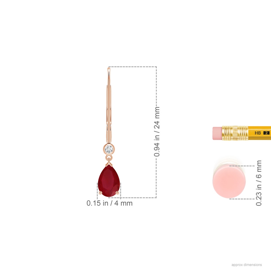 6x4mm AA Pear-Shaped Ruby Leverback Drop Earrings with Diamond in Rose Gold ruler