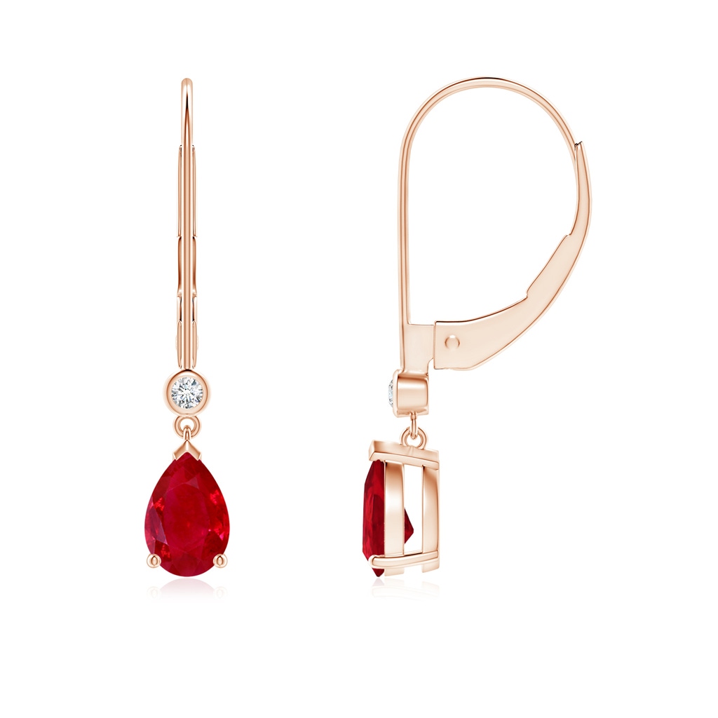 6x4mm AAA Pear-Shaped Ruby Leverback Drop Earrings with Diamond in Rose Gold