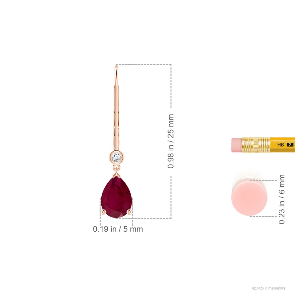 7x5mm A Pear-Shaped Ruby Leverback Drop Earrings with Diamond in Rose Gold ruler