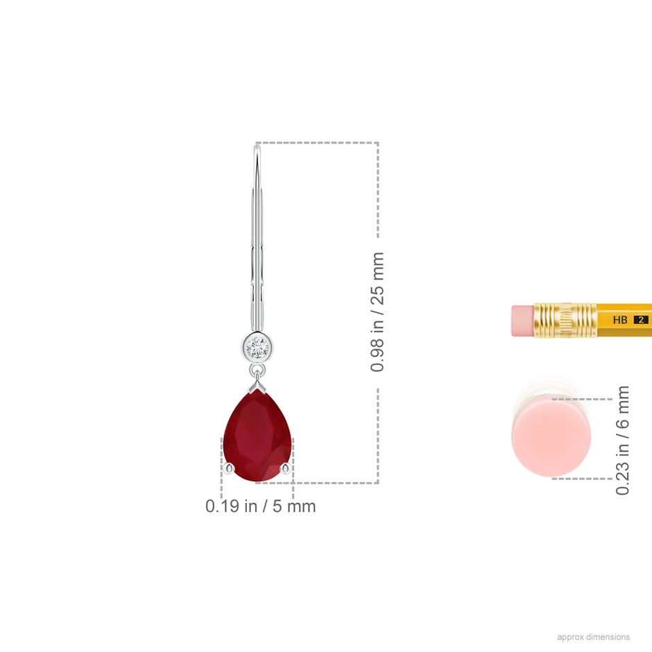 7x5mm AA Pear-Shaped Ruby Leverback Drop Earrings with Diamond in White Gold ruler