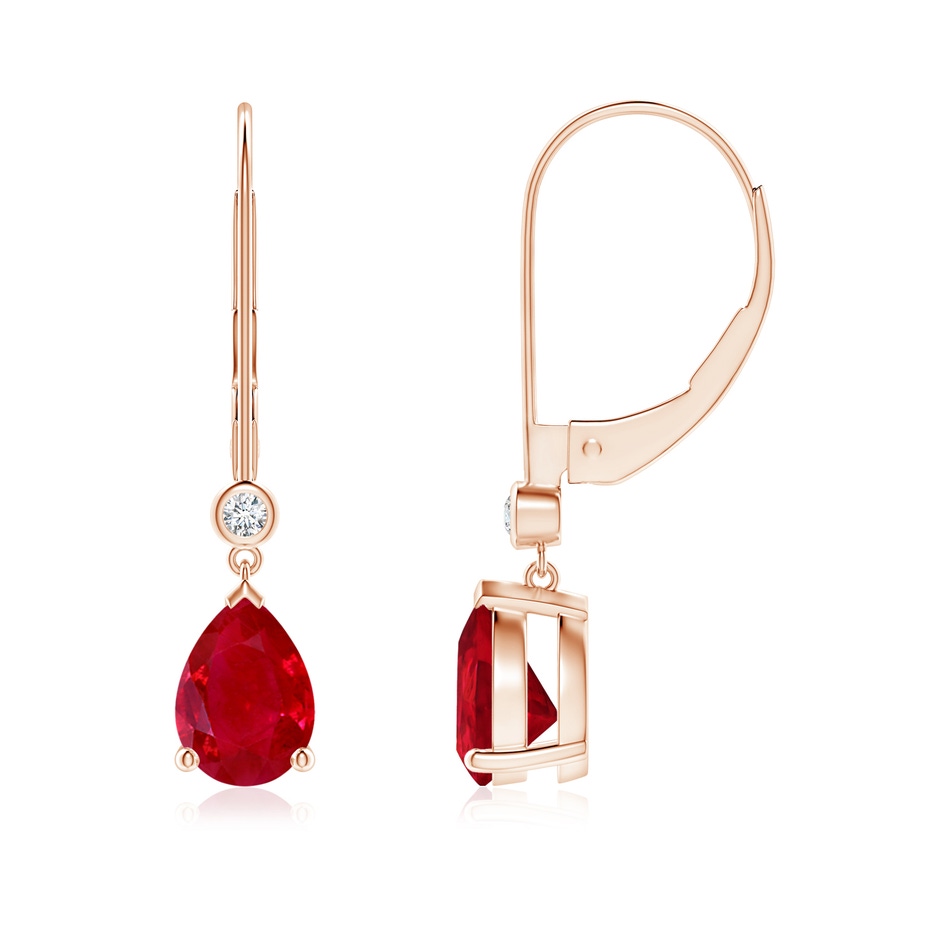 7x5mm AAA Pear-Shaped Ruby Leverback Drop Earrings with Diamond in Rose Gold 