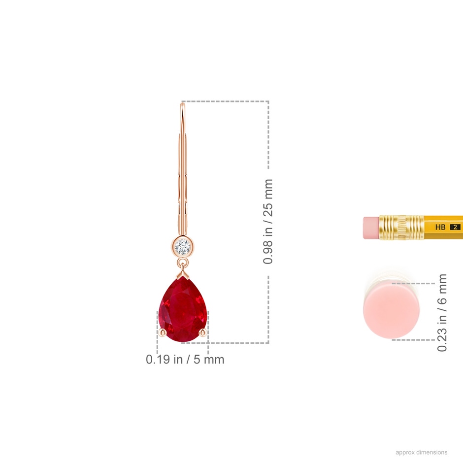 7x5mm AAA Pear-Shaped Ruby Leverback Drop Earrings with Diamond in Rose Gold ruler