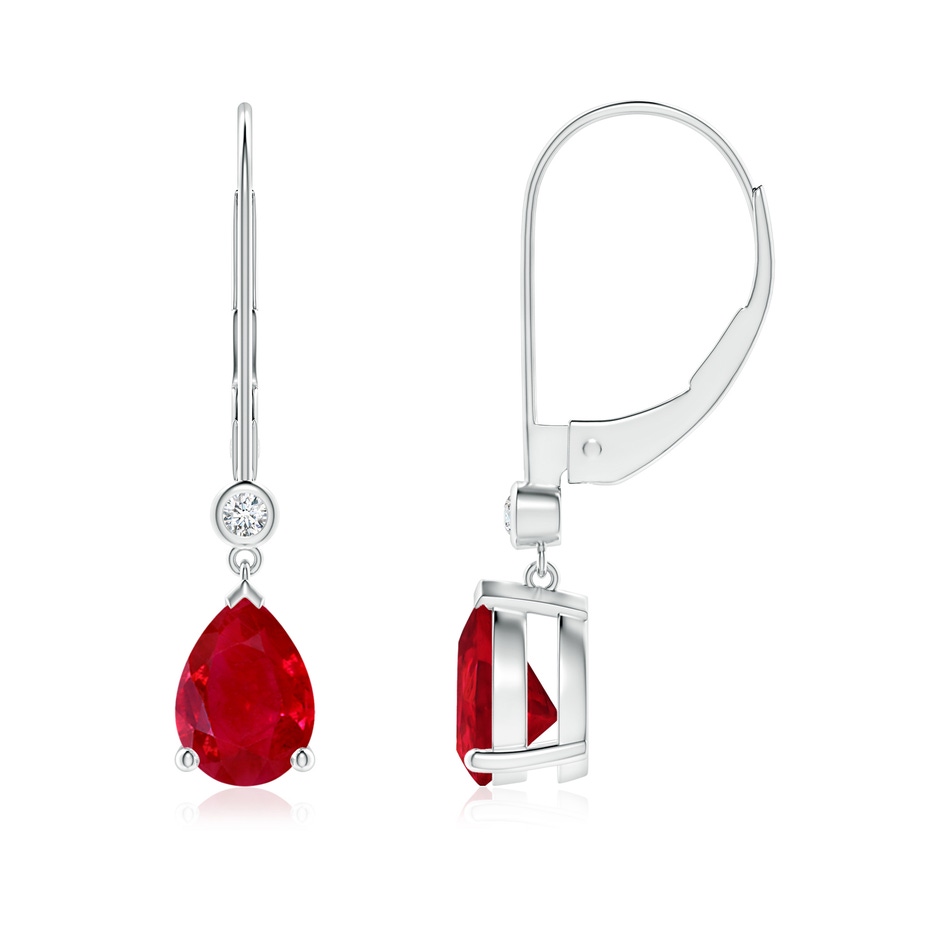 7x5mm AAA Pear-Shaped Ruby Leverback Drop Earrings with Diamond in White Gold 
