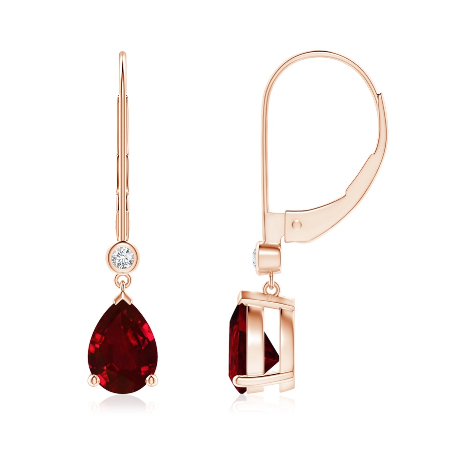 7x5mm AAAA Pear-Shaped Ruby Leverback Drop Earrings with Diamond in Rose Gold 