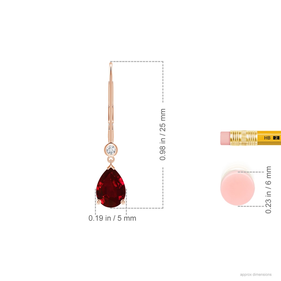 7x5mm AAAA Pear-Shaped Ruby Leverback Drop Earrings with Diamond in Rose Gold ruler
