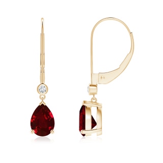 7x5mm AAAA Pear-Shaped Ruby Leverback Drop Earrings with Diamond in Yellow Gold