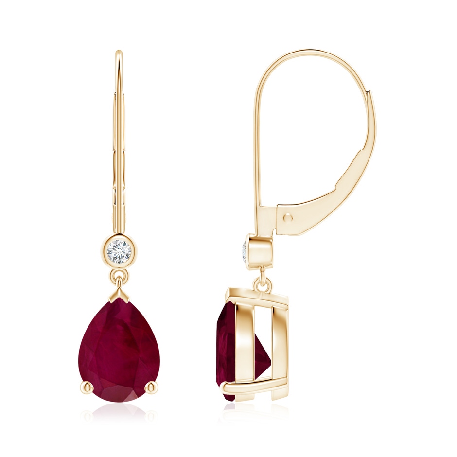 8x6mm A Pear-Shaped Ruby Leverback Drop Earrings with Diamond in Yellow Gold 