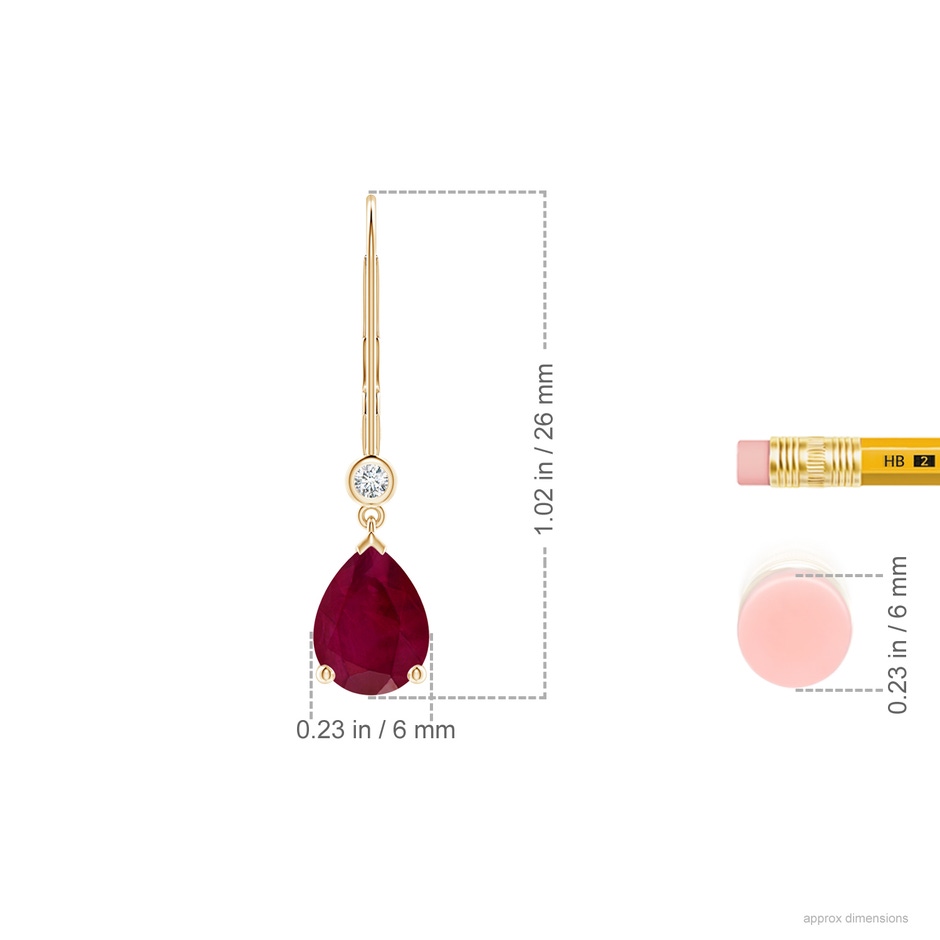 8x6mm A Pear-Shaped Ruby Leverback Drop Earrings with Diamond in Yellow Gold ruler