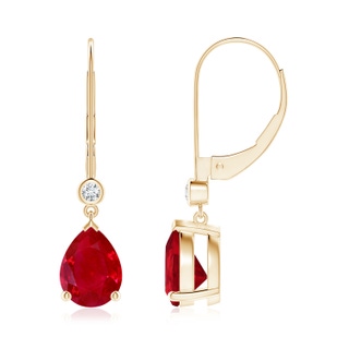 8x6mm AAA Pear-Shaped Ruby Leverback Drop Earrings with Diamond in 10K Yellow Gold