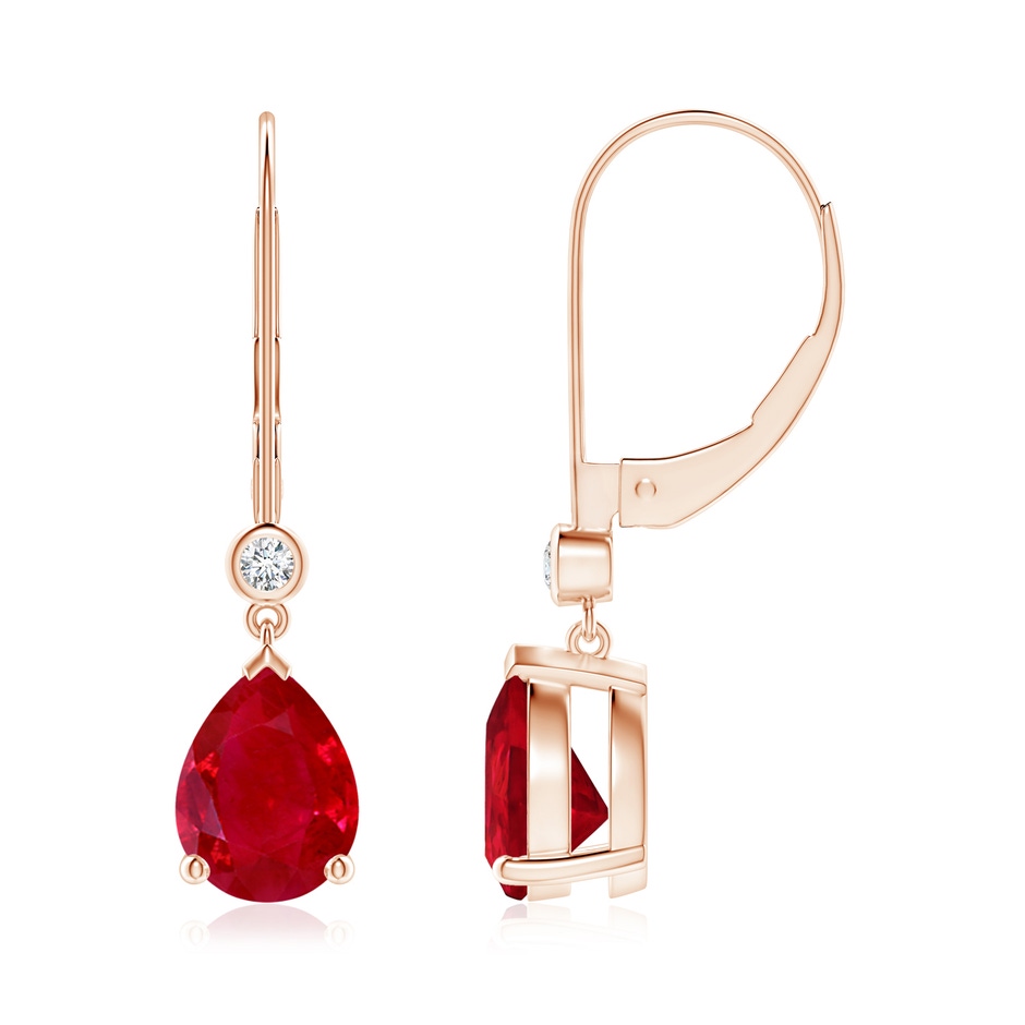 8x6mm AAA Pear-Shaped Ruby Leverback Drop Earrings with Diamond in Rose Gold 