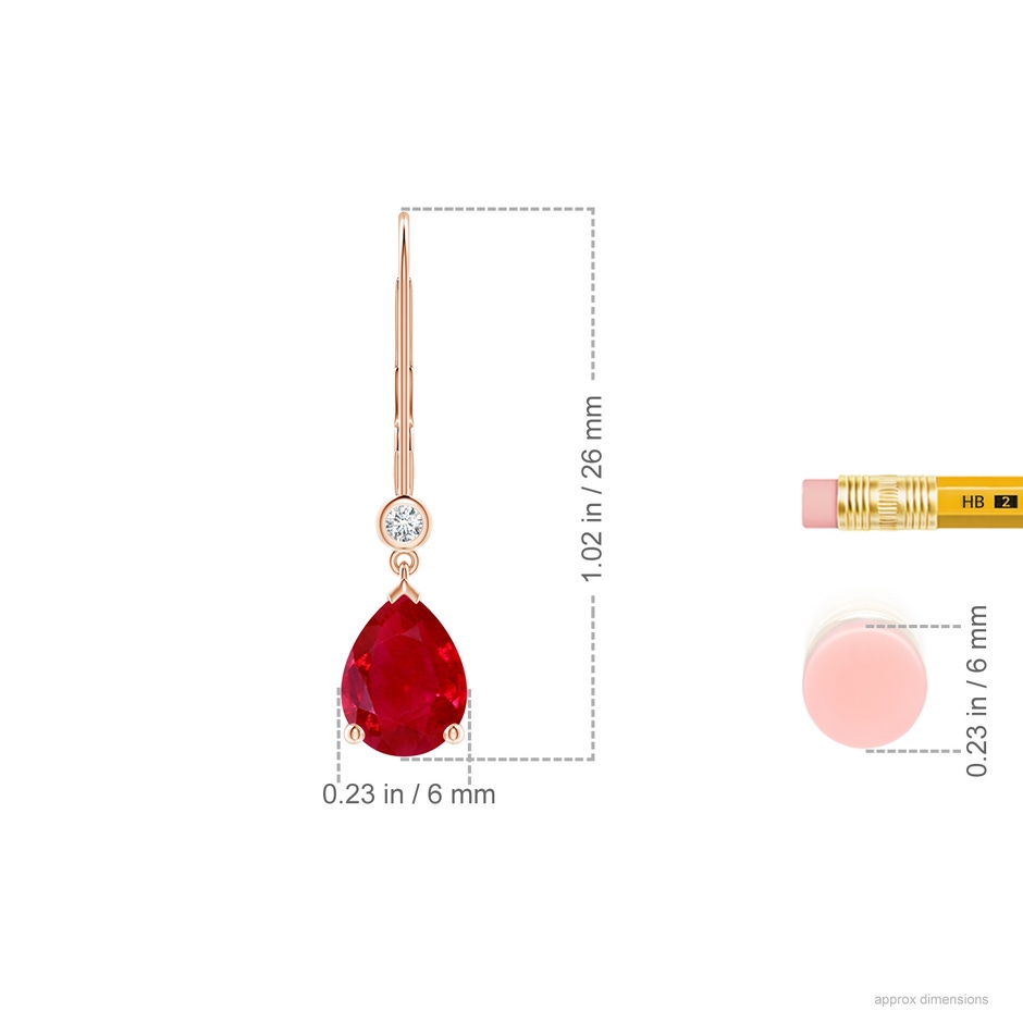 8x6mm AAA Pear-Shaped Ruby Leverback Drop Earrings with Diamond in Rose Gold ruler
