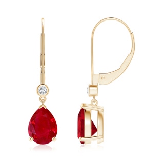 8x6mm AAA Pear-Shaped Ruby Leverback Drop Earrings with Diamond in Yellow Gold