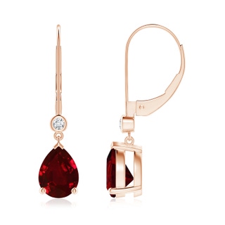 8x6mm AAAA Pear-Shaped Ruby Leverback Drop Earrings with Diamond in 9K Rose Gold