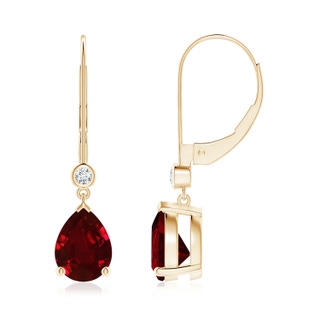 8x6mm AAAA Pear-Shaped Ruby Leverback Drop Earrings with Diamond in 9K Yellow Gold