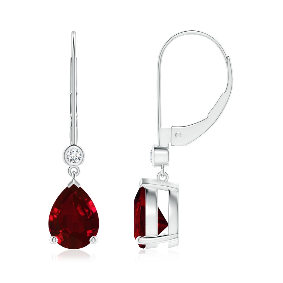 8x6mm AAAA Pear-Shaped Ruby Leverback Drop Earrings with Diamond in P950 Platinum 