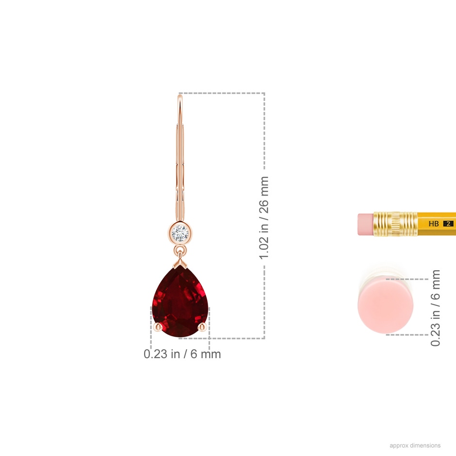 8x6mm AAAA Pear-Shaped Ruby Leverback Drop Earrings with Diamond in Rose Gold ruler