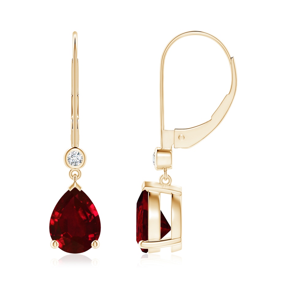 8x6mm AAAA Pear-Shaped Ruby Leverback Drop Earrings with Diamond in Yellow Gold 
