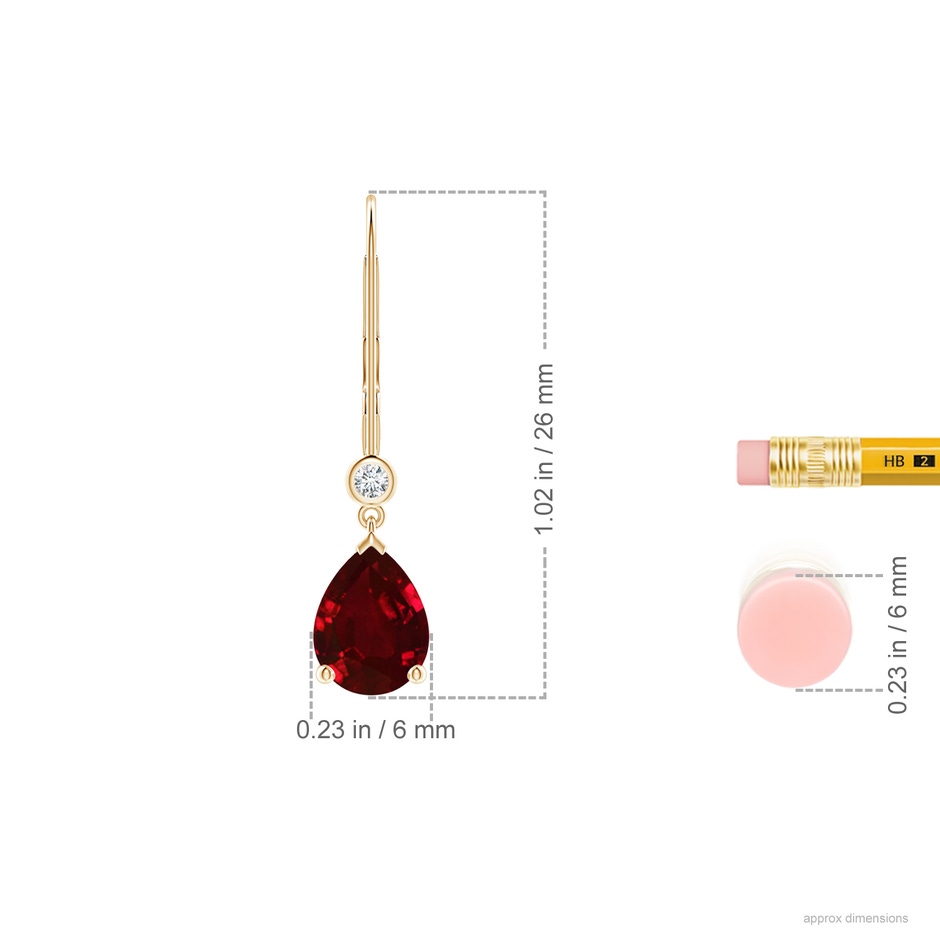 8x6mm AAAA Pear-Shaped Ruby Leverback Drop Earrings with Diamond in Yellow Gold ruler