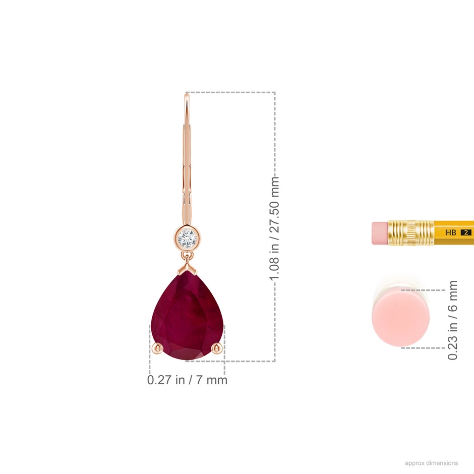 9x7mm A Pear-Shaped Ruby Leverback Drop Earrings with Diamond in Rose Gold ruler