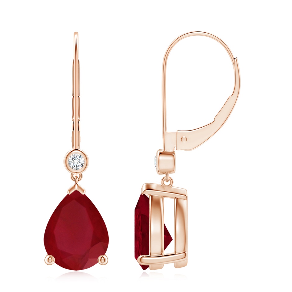 9x7mm AA Pear-Shaped Ruby Leverback Drop Earrings with Diamond in Rose Gold 