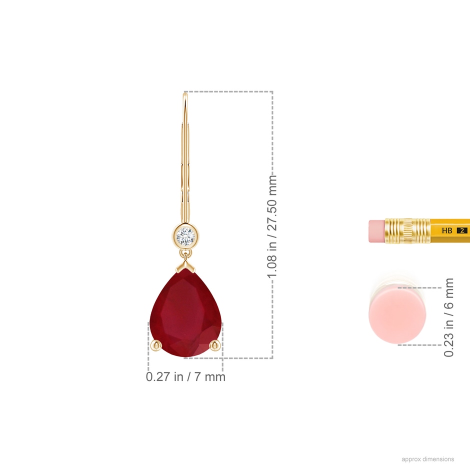 9x7mm AA Pear-Shaped Ruby Leverback Drop Earrings with Diamond in Yellow Gold ruler
