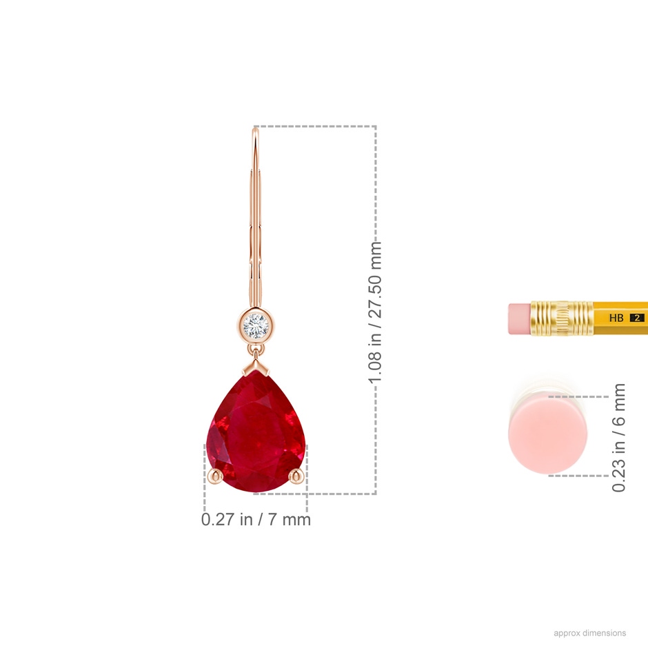 9x7mm AAA Pear-Shaped Ruby Leverback Drop Earrings with Diamond in Rose Gold ruler