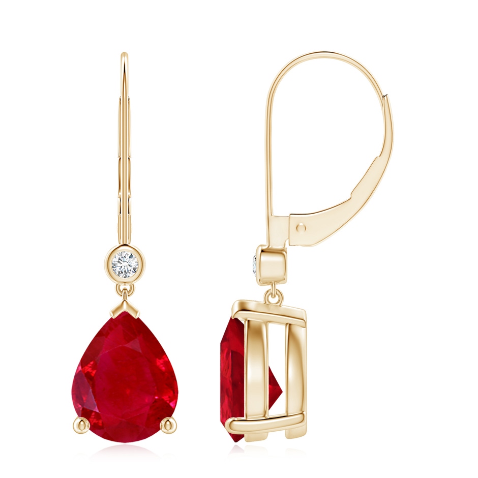 9x7mm AAA Pear-Shaped Ruby Leverback Drop Earrings with Diamond in Yellow Gold 
