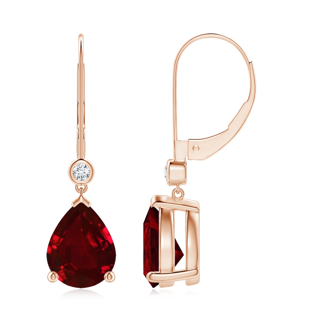 9x7mm AAAA Pear-Shaped Ruby Leverback Drop Earrings with Diamond in 9K Rose Gold