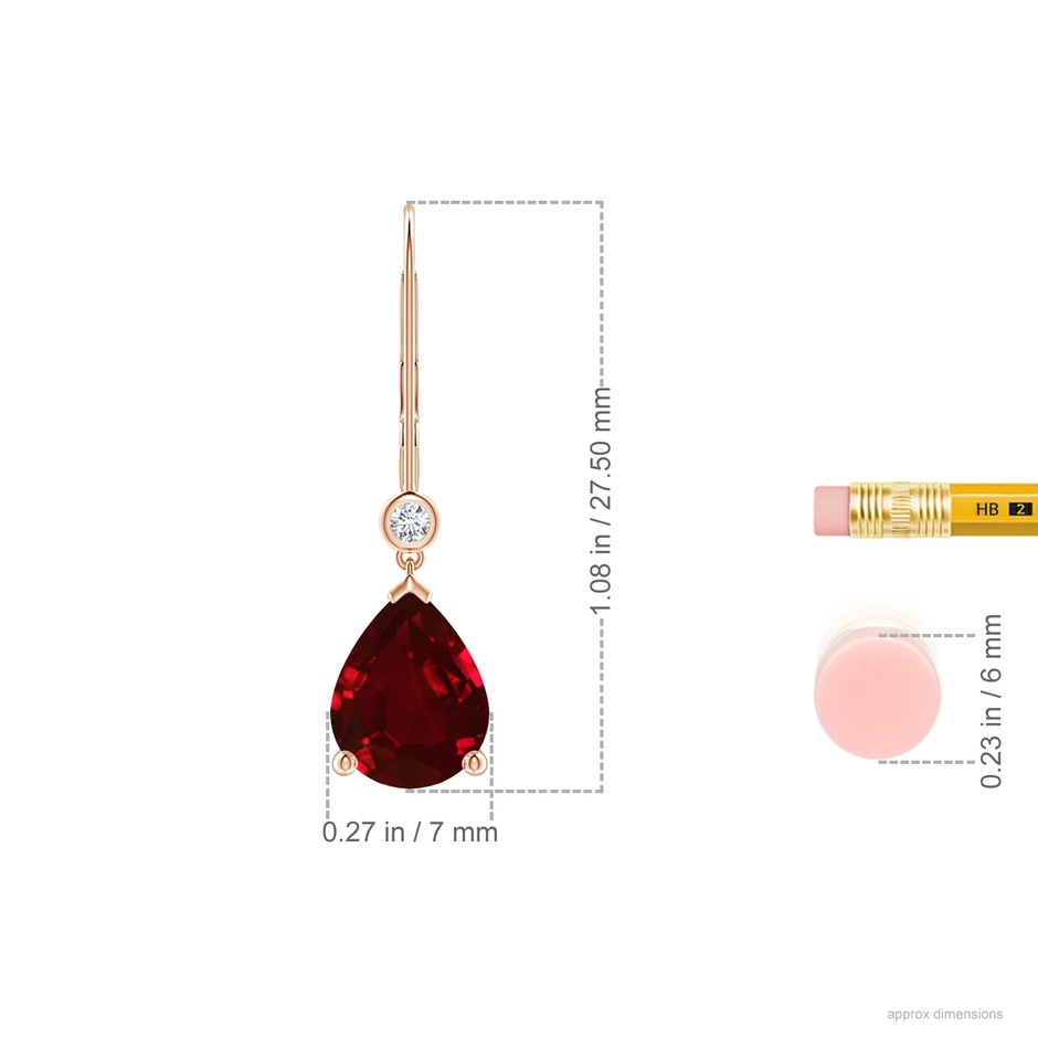 9x7mm AAAA Pear-Shaped Ruby Leverback Drop Earrings with Diamond in Rose Gold ruler