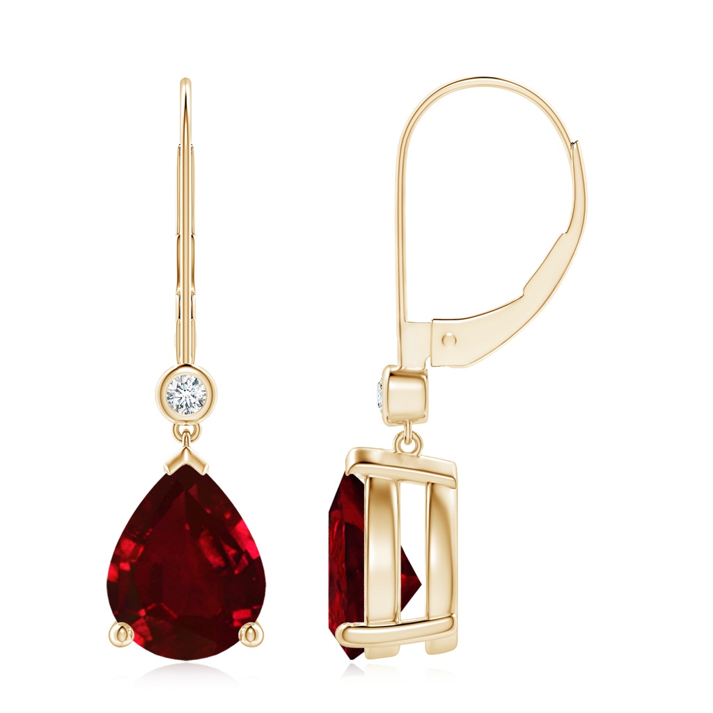 9x7mm AAAA Pear-Shaped Ruby Leverback Drop Earrings with Diamond in Yellow Gold