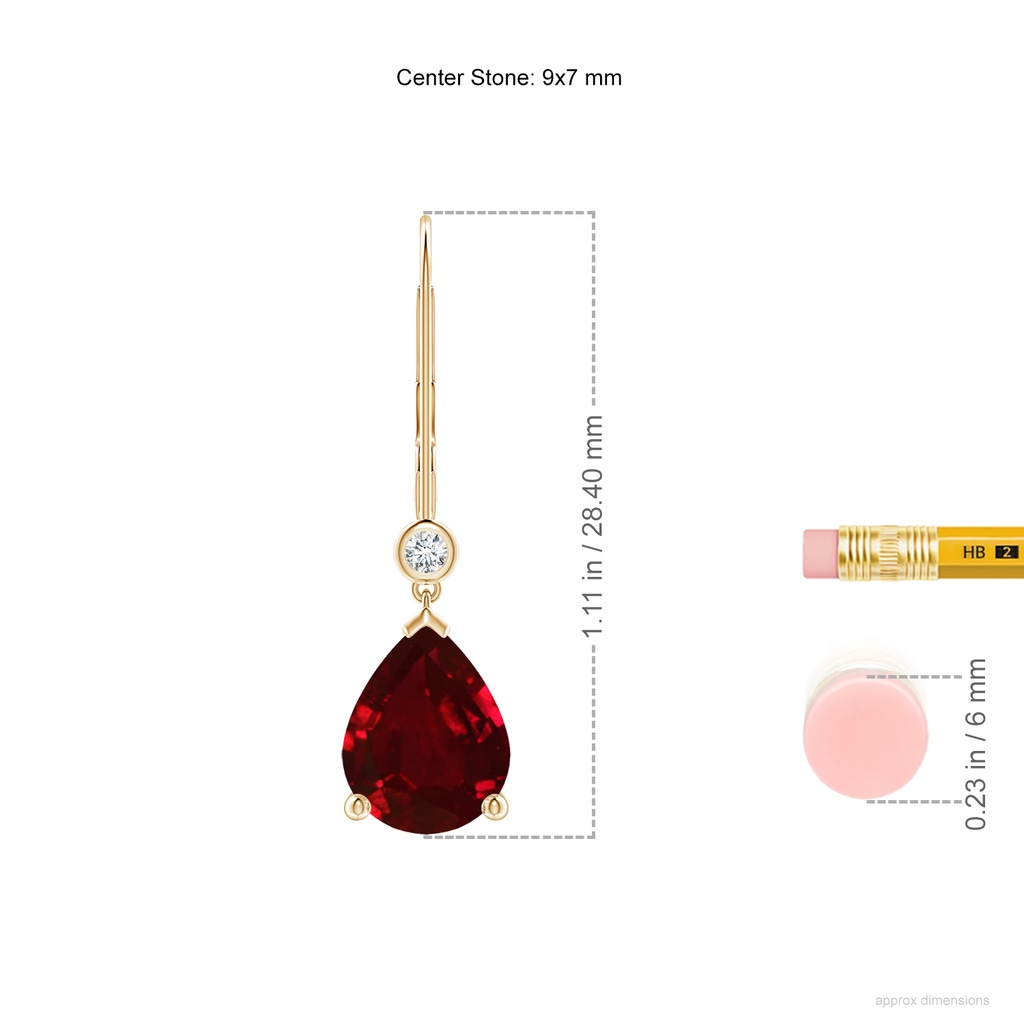 9x7mm AAAA Pear-Shaped Ruby Leverback Drop Earrings with Diamond in Yellow Gold ruler