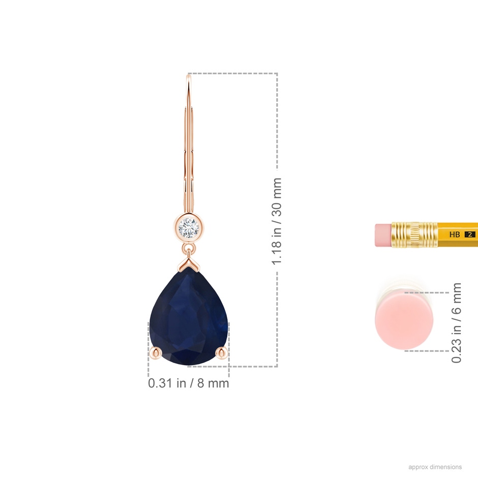 10x8mm A Pear-Shaped Sapphire Leverback Drop Earrings with Diamond in Rose Gold ruler