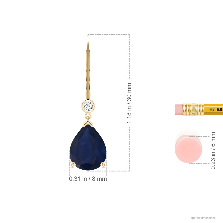 10x8mm A Pear-Shaped Sapphire Leverback Drop Earrings with Diamond in Yellow Gold ruler