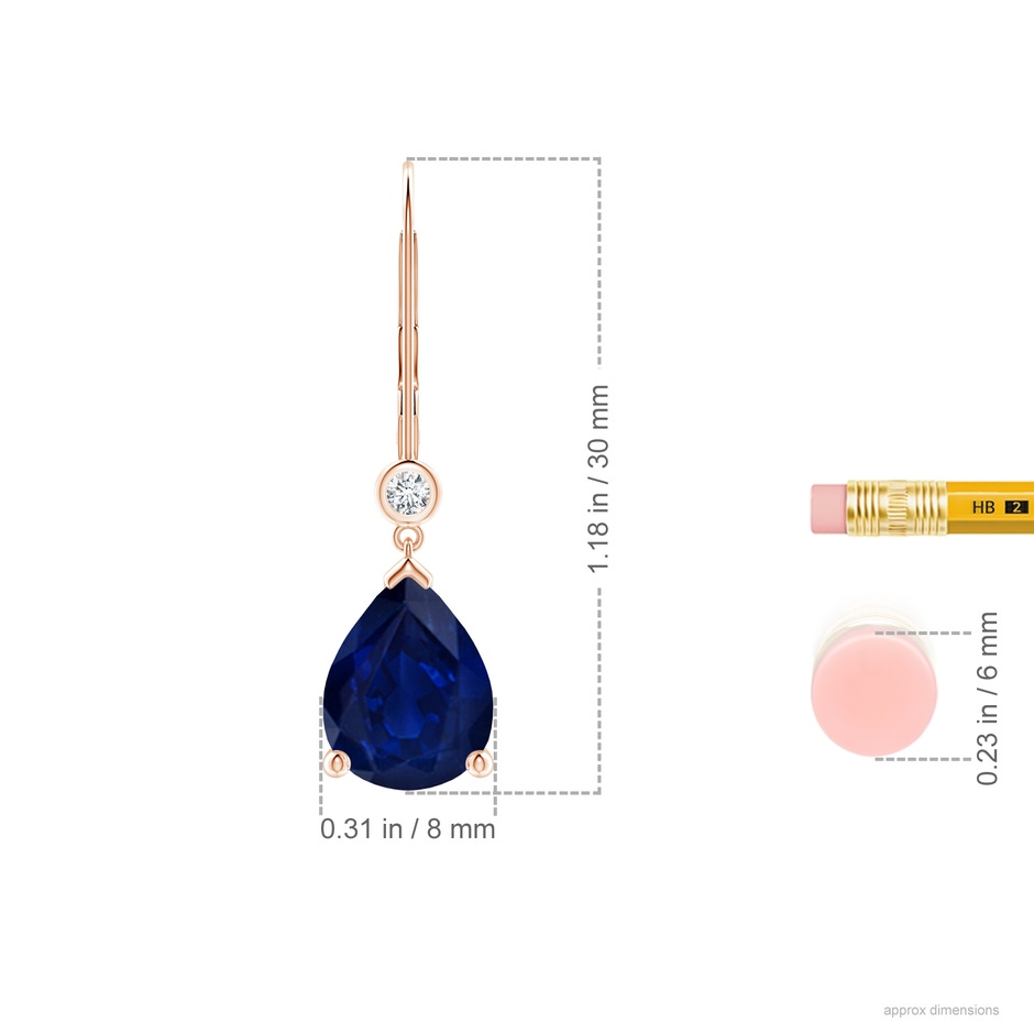 10x8mm AA Pear-Shaped Sapphire Leverback Drop Earrings with Diamond in Rose Gold ruler