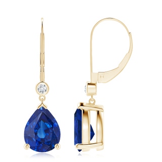 10x8mm AAA Pear-Shaped Sapphire Leverback Drop Earrings with Diamond in Yellow Gold
