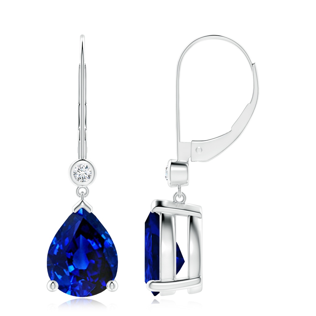 10x8mm Lab-Grown Pear-Shaped Sapphire Leverback Drop Earrings with Diamond in White Gold