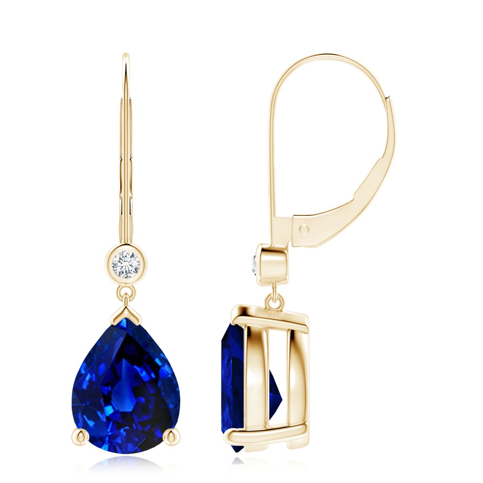 10x8mm AAAA Pear-Shaped Sapphire Leverback Drop Earrings with Diamond in Yellow Gold 