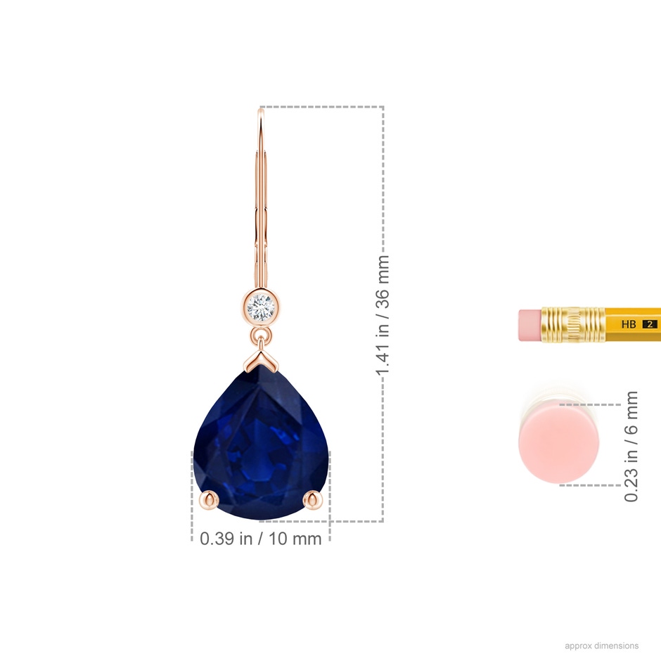 12x10mm AA Pear-Shaped Sapphire Leverback Drop Earrings with Diamond in Rose Gold ruler